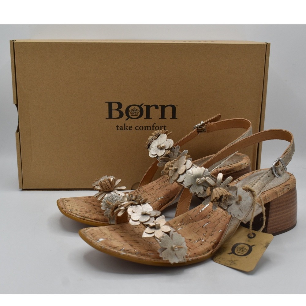 Born Women 11 Springs Light Gold Metallic Floral Strappy Heeled Sandals Shoes
